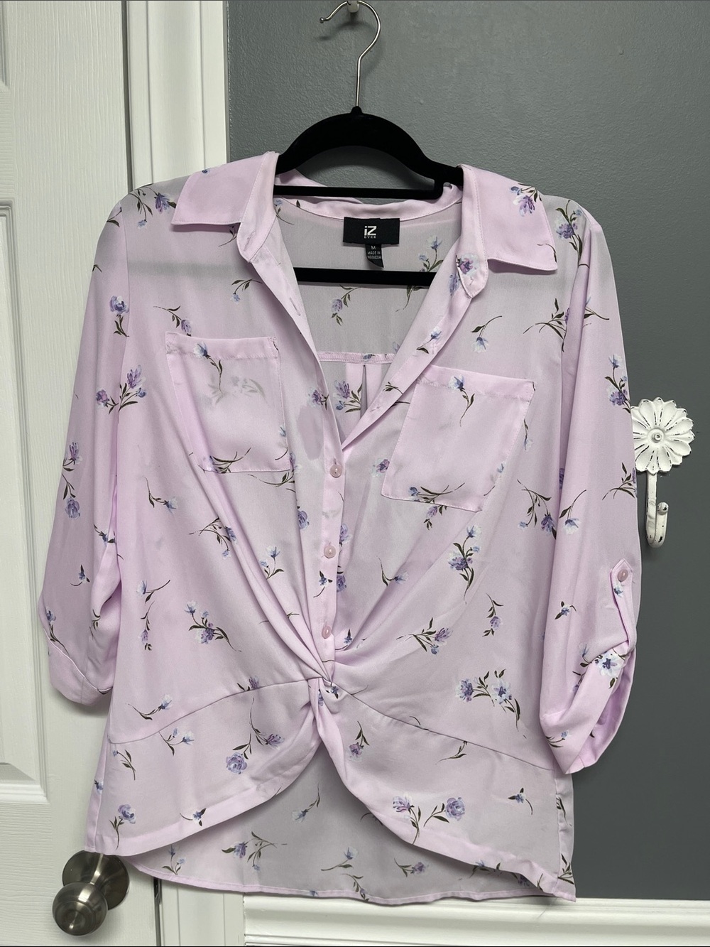 Iz Byer Lilac Floral Twist-Front Button Blouse